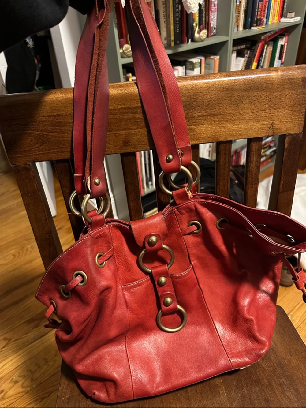 Aqua Madonna Red Leather Shoulder Bag with Brass Rings